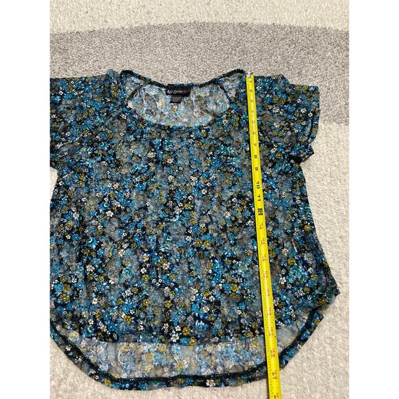 Y2k Self Esteem Mesh Top Women's Size Small Floral Short Sleeve Shirt Blue - Picture 2 of 7
